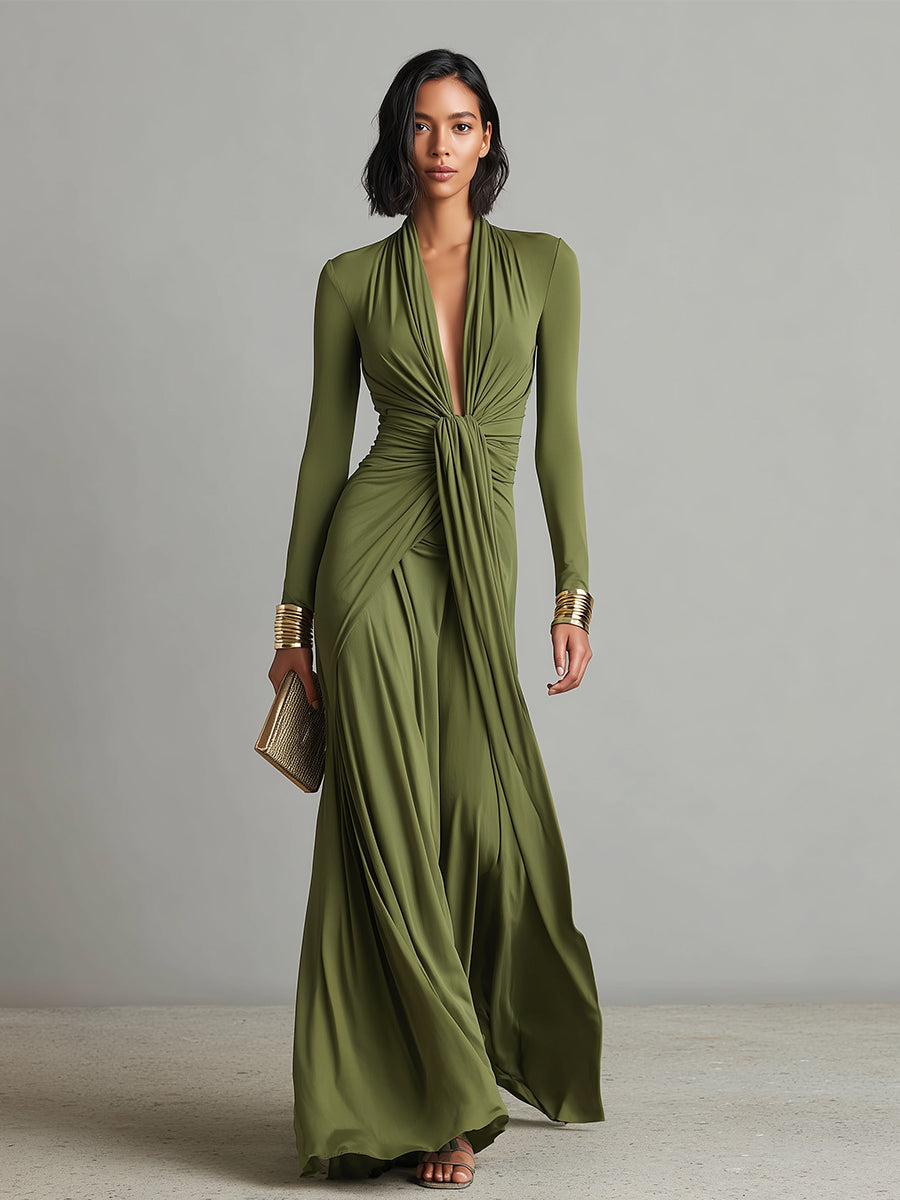 Abito Maxi in Seta Verde Oliva con Scollatura a V