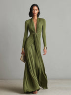 Abito Maxi in Seta Verde Oliva con Scollatura a V