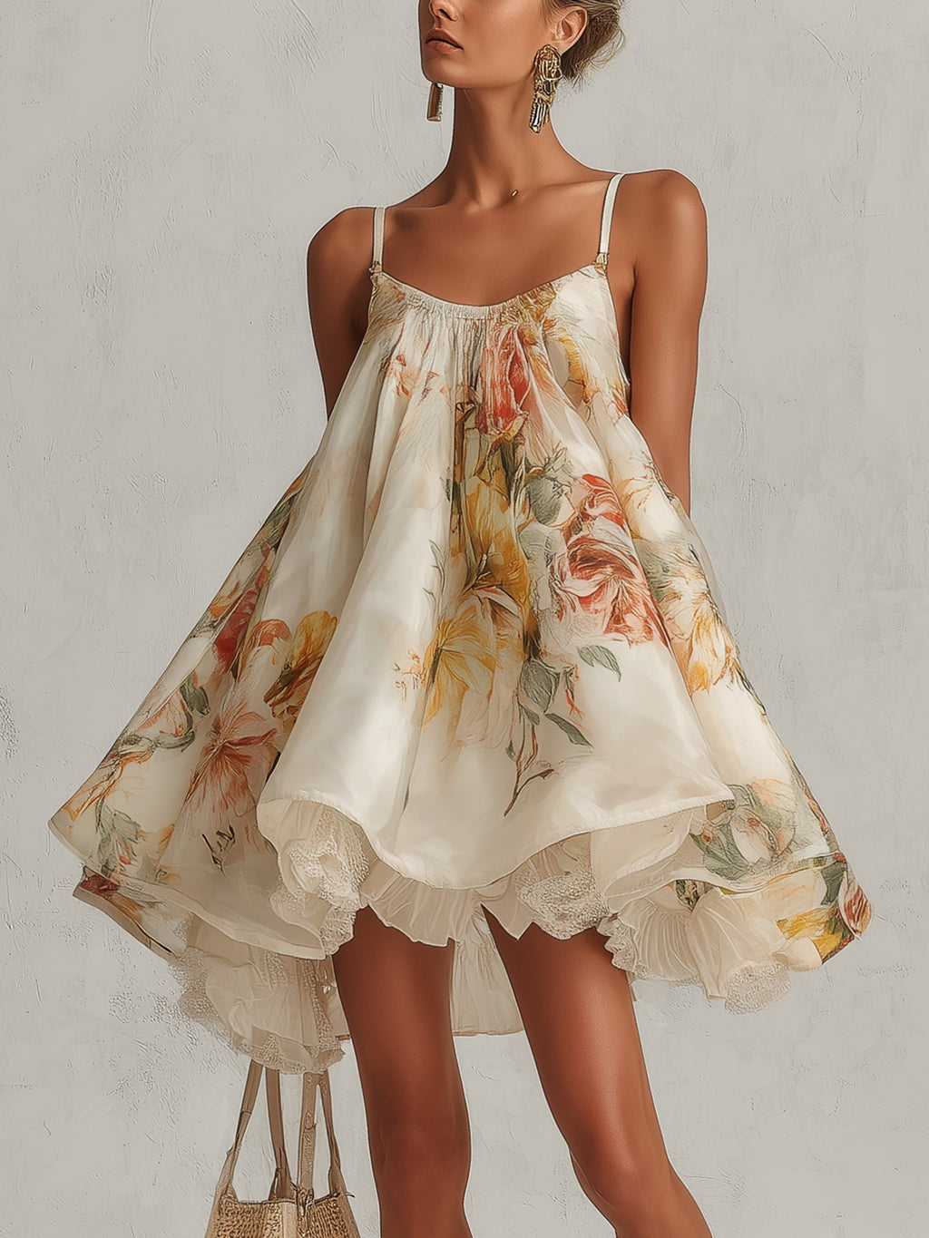 Béatrice | Mini Abito A-Line in Organza Fiori Beige, Bordo in Pizzo