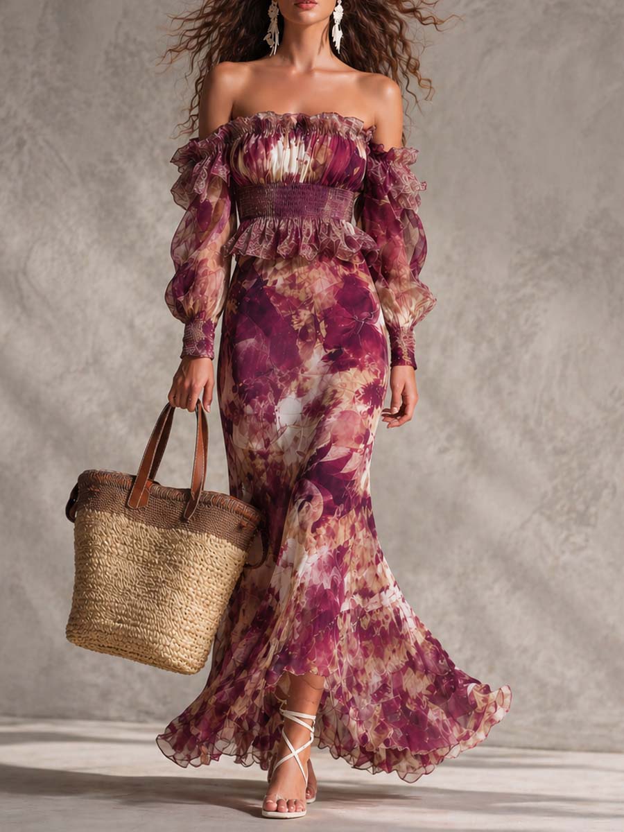 Rosine | Abito Maxi Spalle Scoperte Rosa Antico, Motivo Floreale