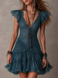 Azurine | Mini Abito a Volant in Pizzo Blu Retro e Mousseline