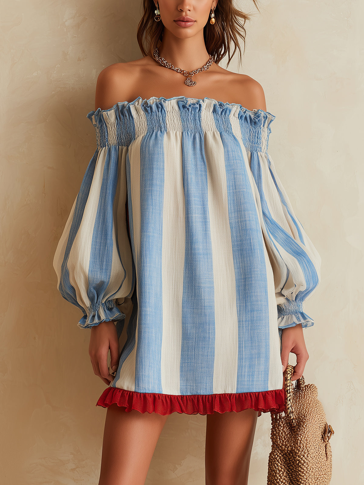 Ondine | Mini Abito A Righe Blu e Bianco con Spalle Scoperte e Orlo a Contrasto