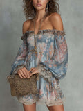 Robe | Abito Mini in Mousseline Arricciato con Spalle Scoperte e Fiori Romantici