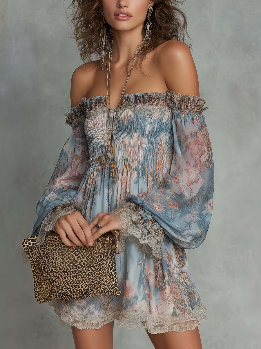 Robe | Abito Mini in Mousseline Arricciato con Spalle Scoperte e Fiori Romantici