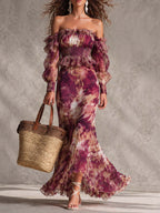 Françoise | Abito maxi in chiffon rosa con stampa floreale e spalle scoperte