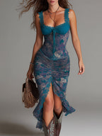 Odette | Abito midi blu con stampa a olio e finiture in pizzo