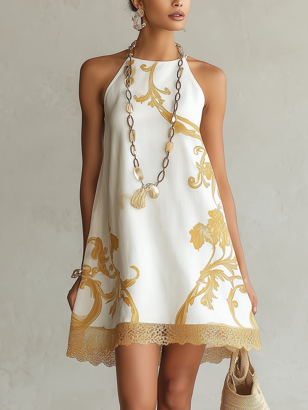 Héloïse | Abito Mini in Pizzo Bianco con Motivi Dorati