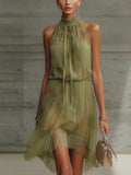 Sylvie | Mini Abito in Mousseline Floreale Verde, Vita Alta