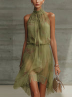Sylvie | Mini Abito in Mousseline Floreale Verde, Vita Alta