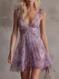 Violette | Mini Abito in Chiffon a Righe Floreali Viola Retrò