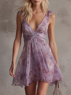 Violette | Mini Abito in Chiffon a Righe Floreali Viola Retrò