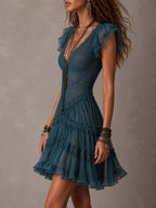 Azurine | Mini Abito a Volant in Pizzo Blu Retro e Mousseline