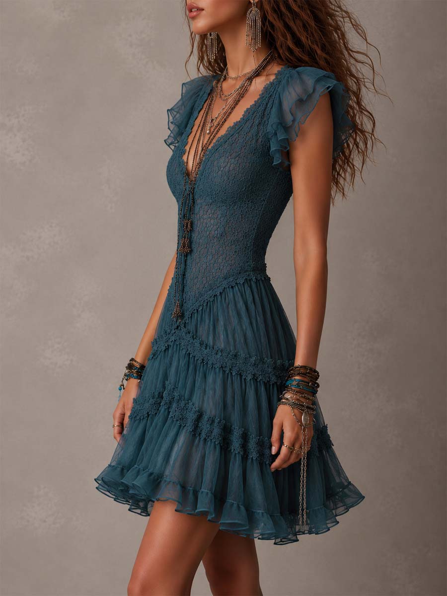 Azurine | Mini Abito a Volant in Pizzo Blu Retro e Mousseline
