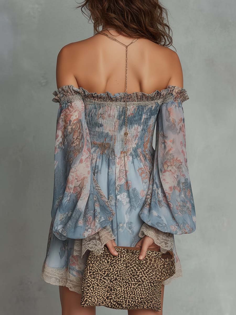 Robe | Abito Mini in Mousseline Arricciato con Spalle Scoperte e Fiori Romantici