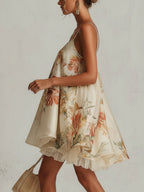 Béatrice | Mini Abito A-Line in Organza Fiori Beige, Bordo in Pizzo