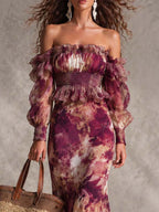 Françoise | Abito maxi in chiffon rosa con stampa floreale e spalle scoperte