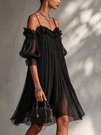Léonie | Mini Abito Nero, Spalle Scoperte, Bordo in Pizzo