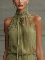 Sylvie | Mini Abito in Mousseline Floreale Verde, Vita Alta