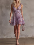 Violette | Mini Abito in Chiffon a Righe Floreali Viola Retrò