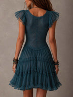Delphine | Mini Abito con Volant in Pizzo e Mousseline Blu Retro