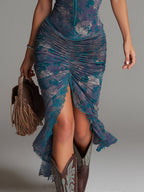 Odette | Abito midi blu con stampa a olio e finiture in pizzo