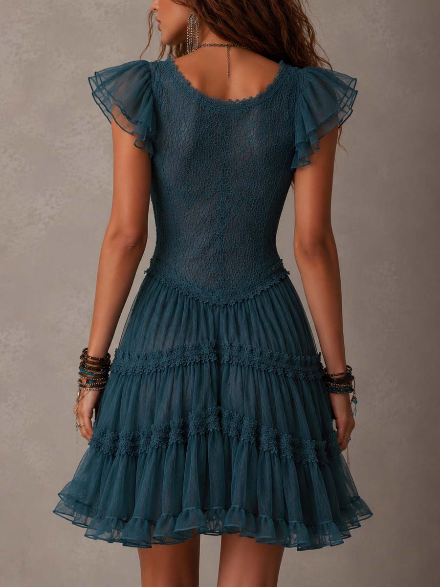 Azurine | Mini Abito a Volant in Pizzo Blu Retro e Mousseline
