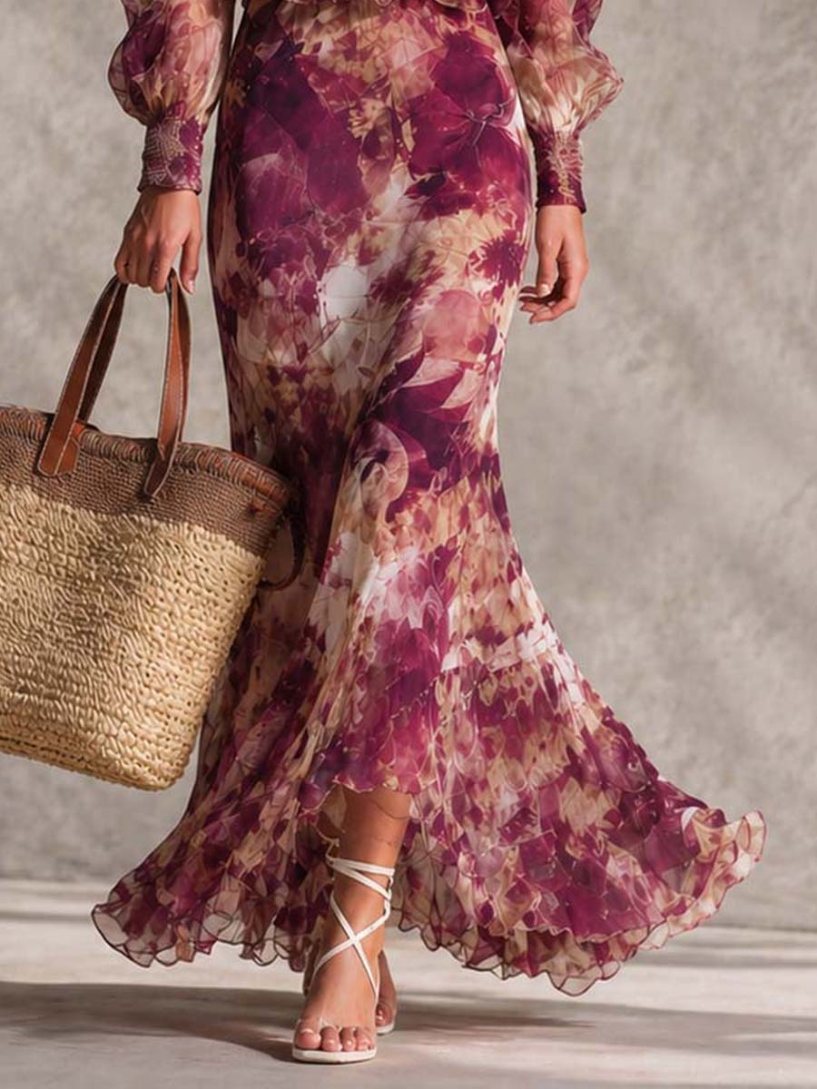Rosine | Abito Maxi Spalle Scoperte Rosa Antico, Motivo Floreale