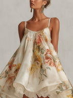 Béatrice | Mini Abito A-Line in Organza Fiori Beige, Bordo in Pizzo