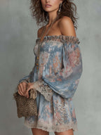 Robe | Abito Mini in Mousseline Arricciato con Spalle Scoperte e Fiori Romantici