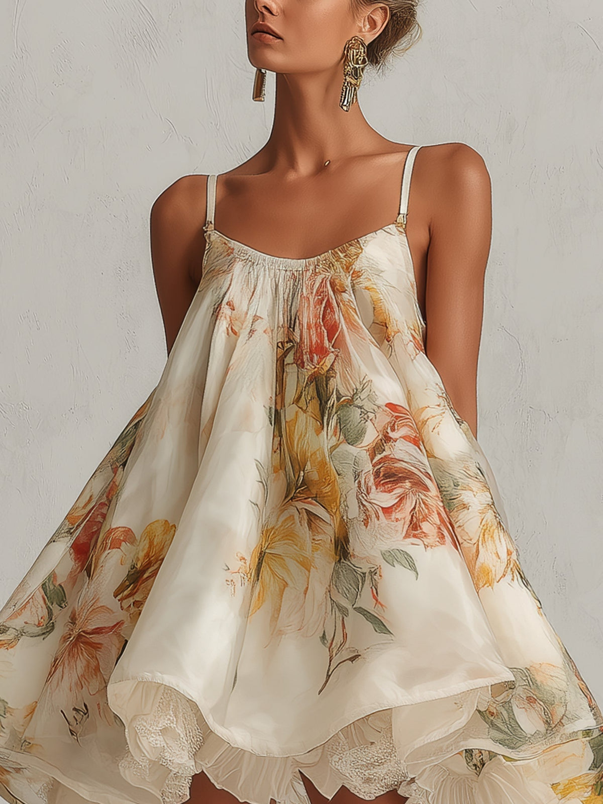 Blanche | Abito Mini A-Line in Organza Fiorito Beige con Bordo in Pizzo