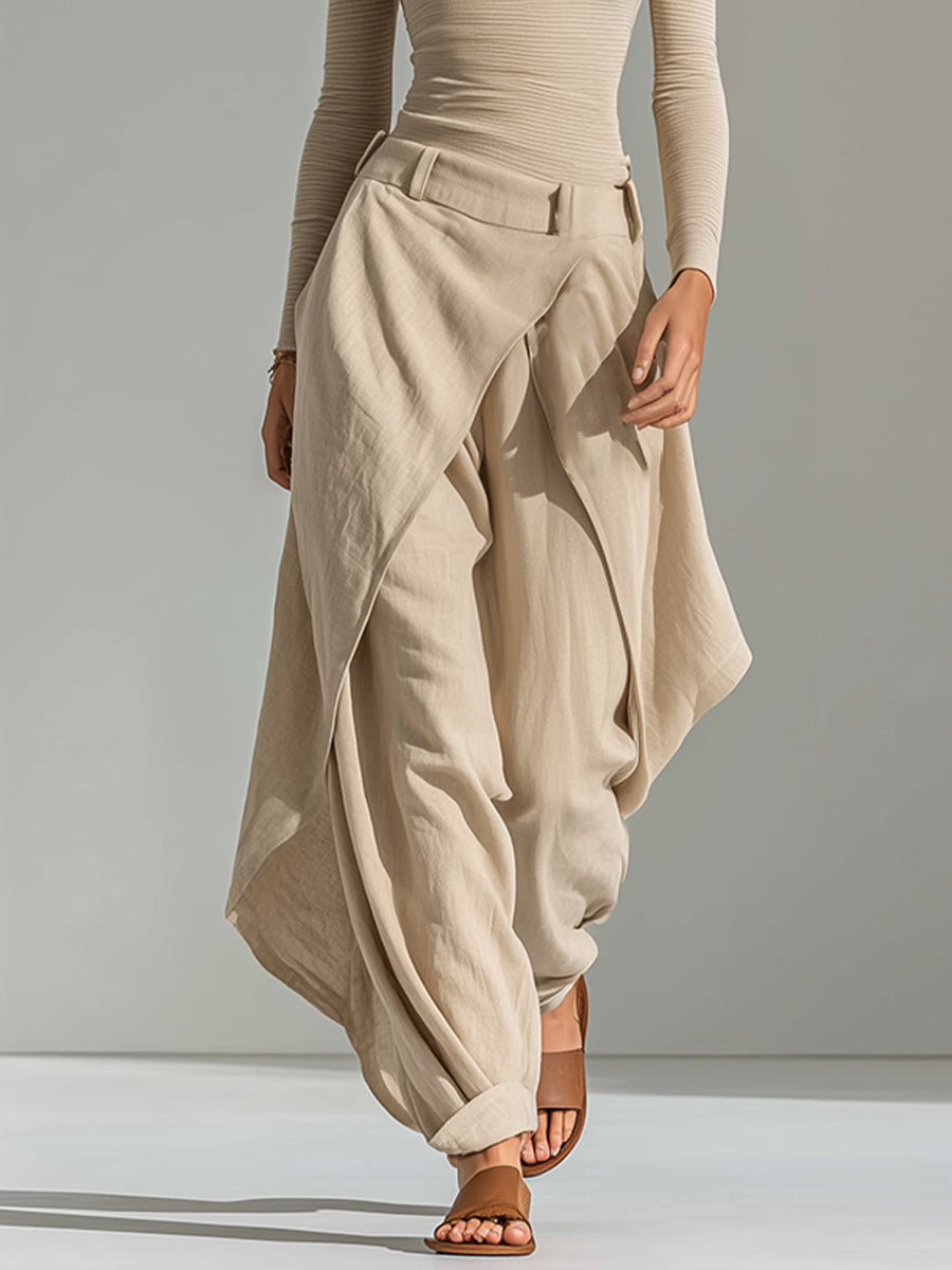 Éveline | Top Beige con Collo a Barca e Pantaloni Larghi con Volant