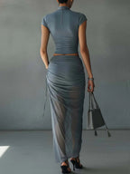Jacqueline | Completo t-shirt corto blu e gonna drappeggiata in tulle trasparente