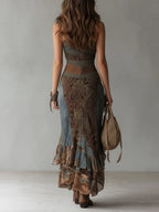 Elena | Abito maxi asimmetrico con stampa audace e spacco volantato