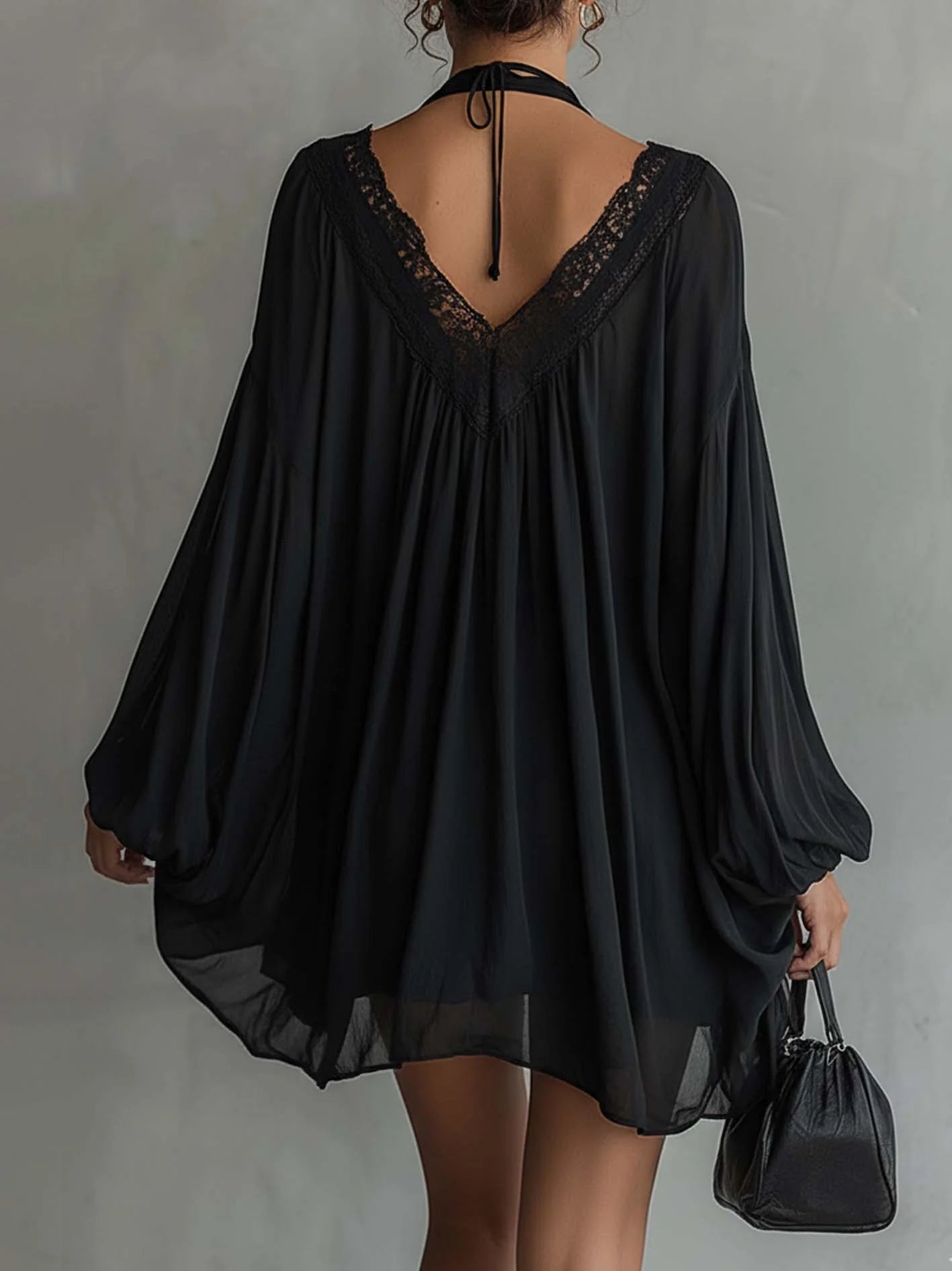 Cassandre | Mini Abito in Chiffon Nero, Collo in Pizzo