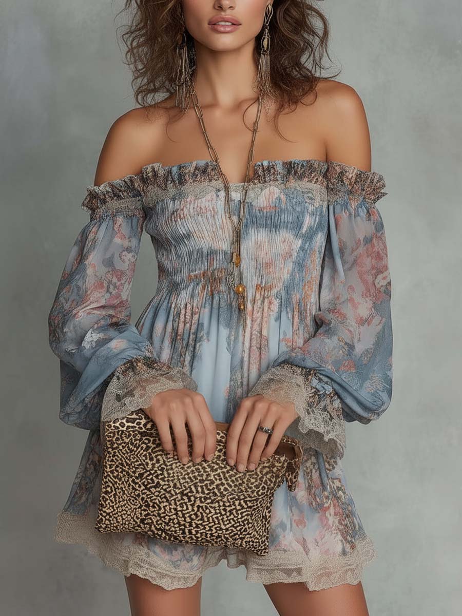 Robe | Abito Mini in Mousseline Arricciato con Spalle Scoperte e Fiori Romantici