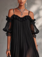 Léonie | Mini Abito Nero, Spalle Scoperte, Bordo in Pizzo