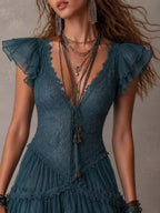 Azurine | Mini Abito a Volant in Pizzo Blu Retro e Mousseline