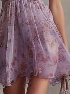 Violette | Mini Abito in Chiffon a Righe Floreali Viola Retrò