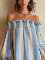 Ondine | Mini Abito A Righe Blu e Bianco con Spalle Scoperte e Orlo a Contrasto