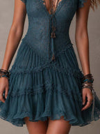 Azurine | Mini Abito a Volant in Pizzo Blu Retro e Mousseline