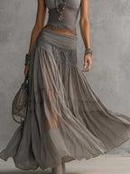 Christine™ | Completo top grigio con inserti in pizzo e gonna lunga plissettata
