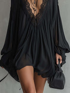 Cassandre | Mini Abito in Chiffon Nero, Collo in Pizzo
