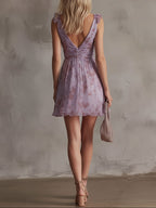 Violette | Mini Abito in Chiffon a Righe Floreali Viola Retrò