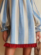 Ondine | Mini Abito A Righe Blu e Bianco con Spalle Scoperte e Orlo a Contrasto