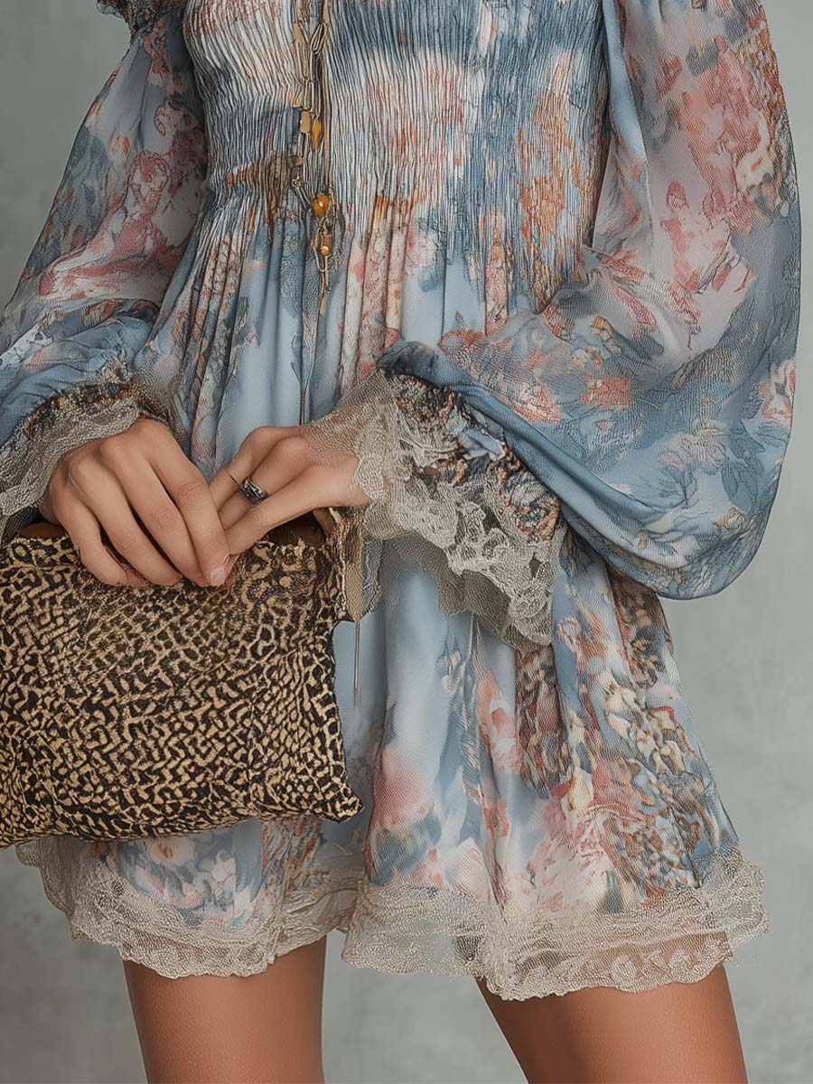 Robe | Abito Mini in Mousseline Arricciato con Spalle Scoperte e Fiori Romantici