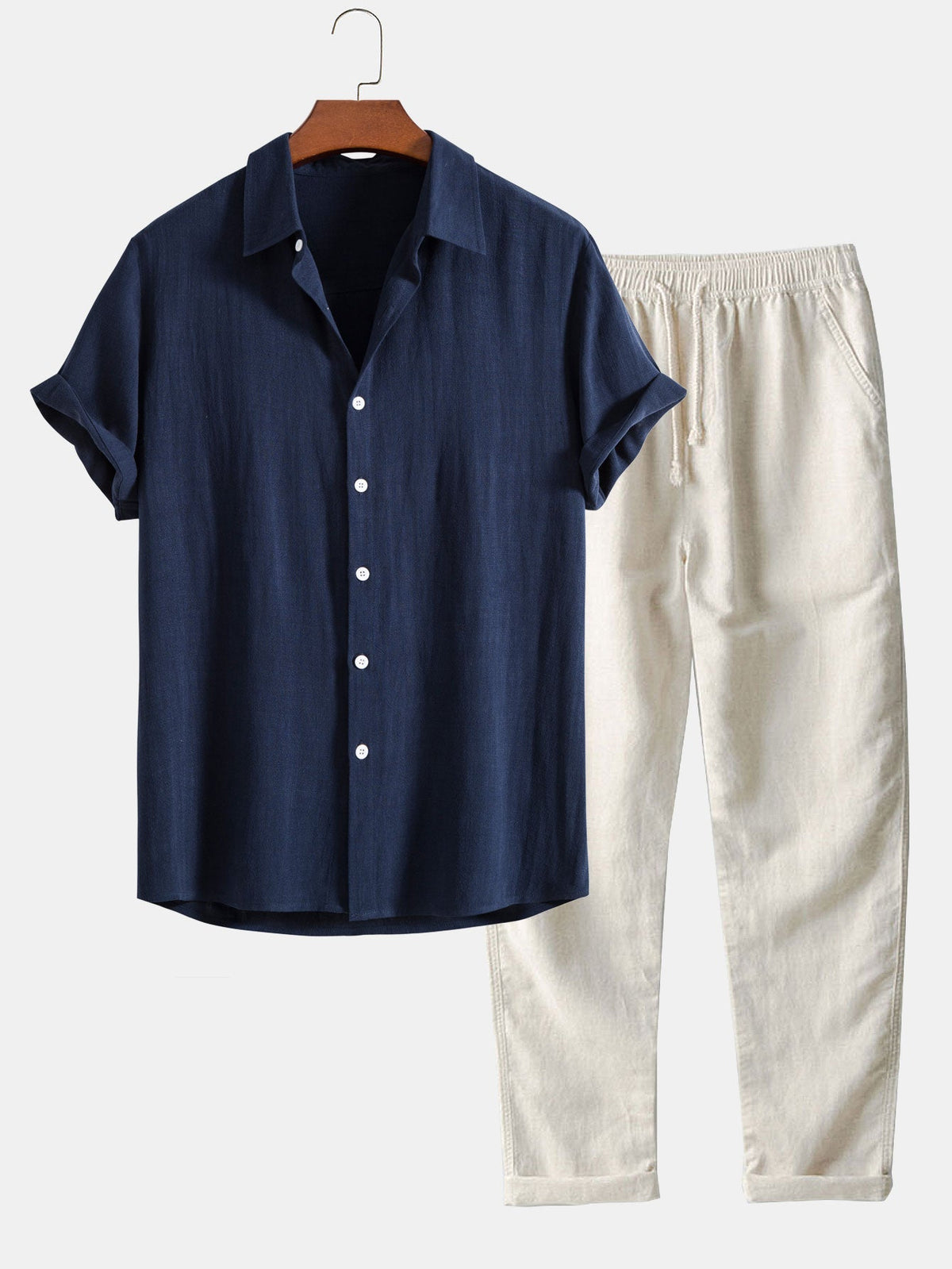 Camicia in Mischia di Lino e Viscosa con Bottoni & Pantaloni in Lino a Gamba Dritta