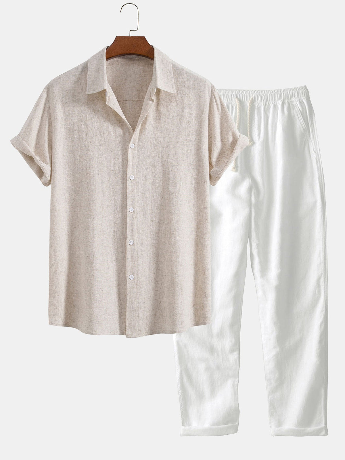 Camicia in Mischia di Lino e Viscosa con Bottoni & Pantaloni in Lino a Gamba Dritta