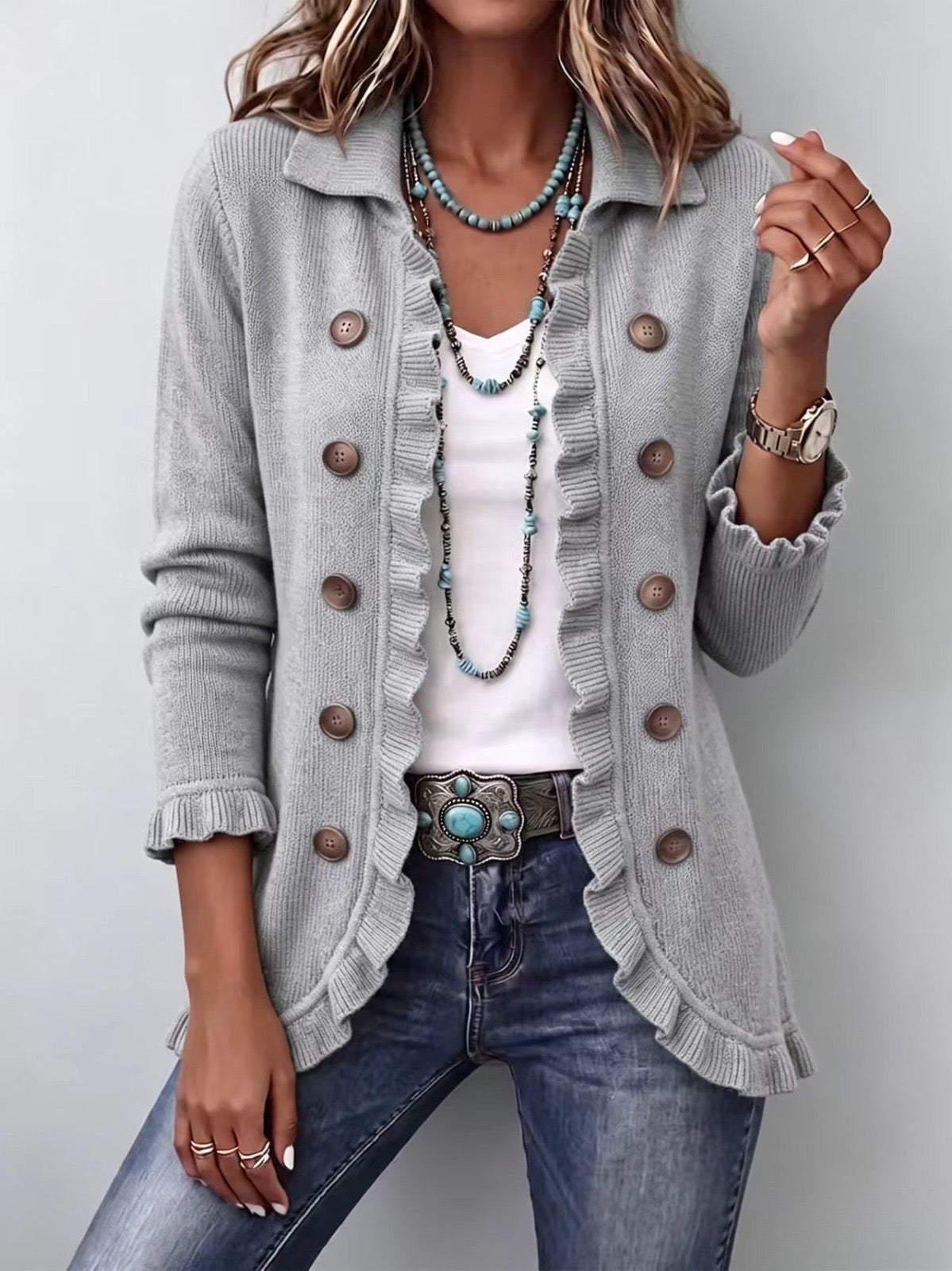 Théodora | Giacca in Maglia Righe Grigio Mélange con Volant