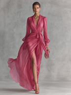 Abito in Chiffon Rosa con Scollatura a V