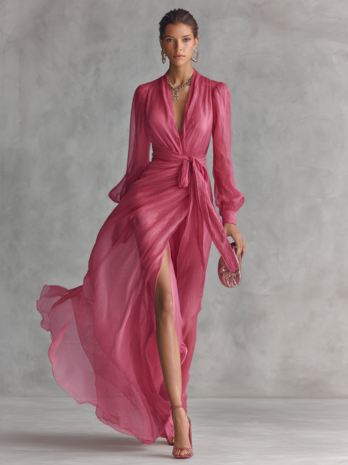 Abito in Chiffon Rosa con Scollatura a V
